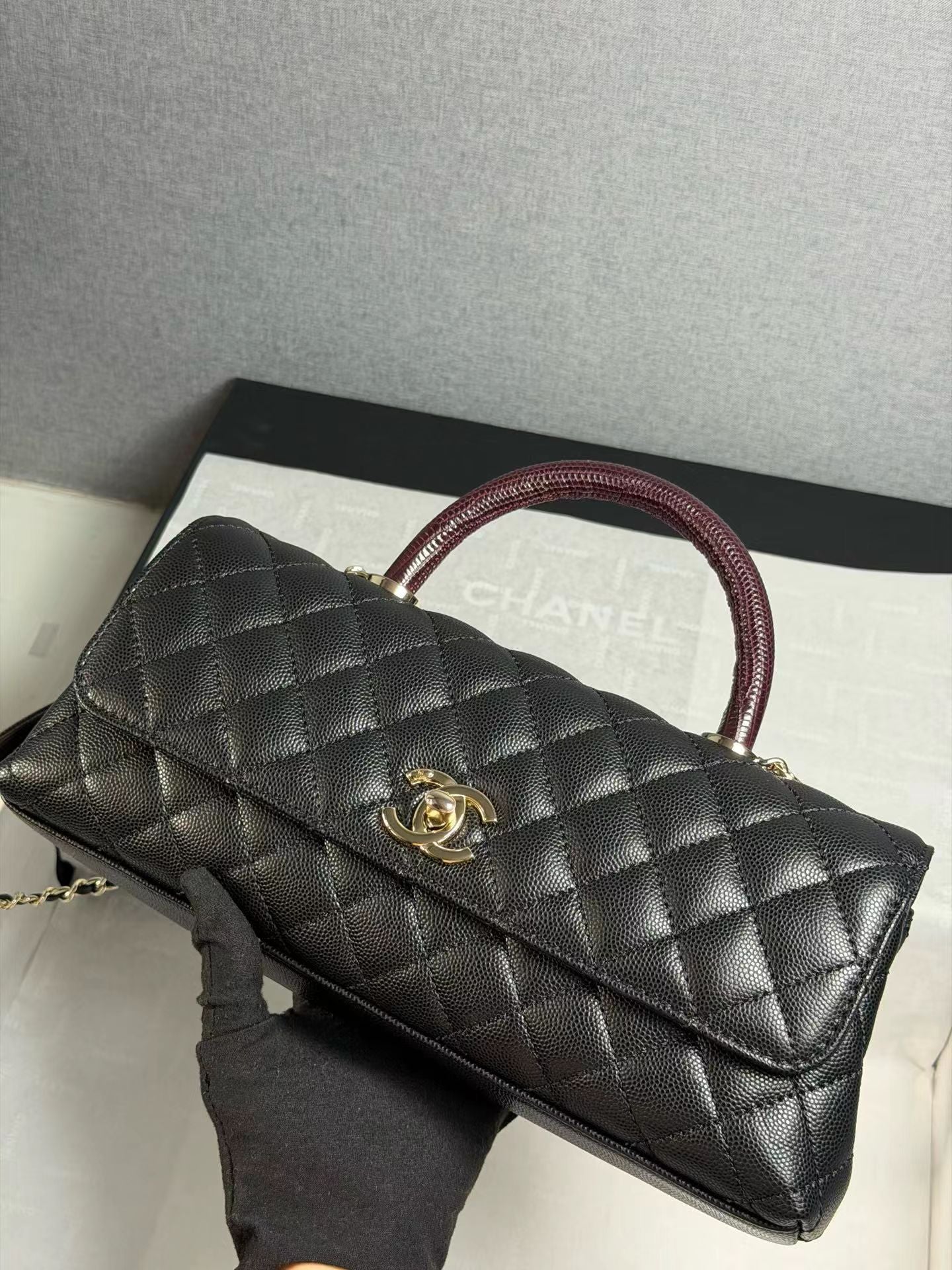 Chanel 26P Coco Handle Black with Burgundy Handle