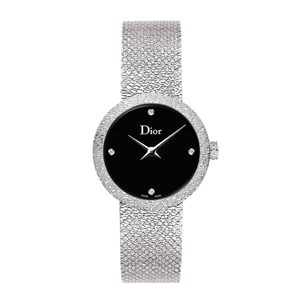 La D de Dior Satine Watch in Steel with Black & Zircon