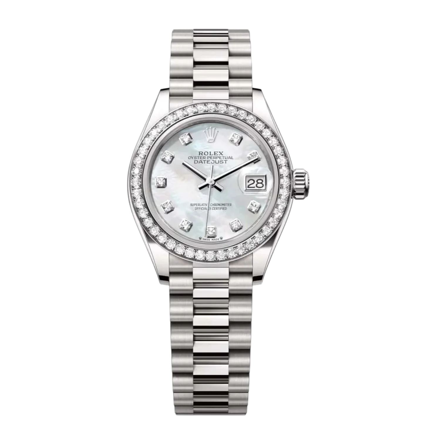Lady-Datejust أويستر ٢٨ مم – ذهب أبيض، ميناء صَدَفِيّ، زركون