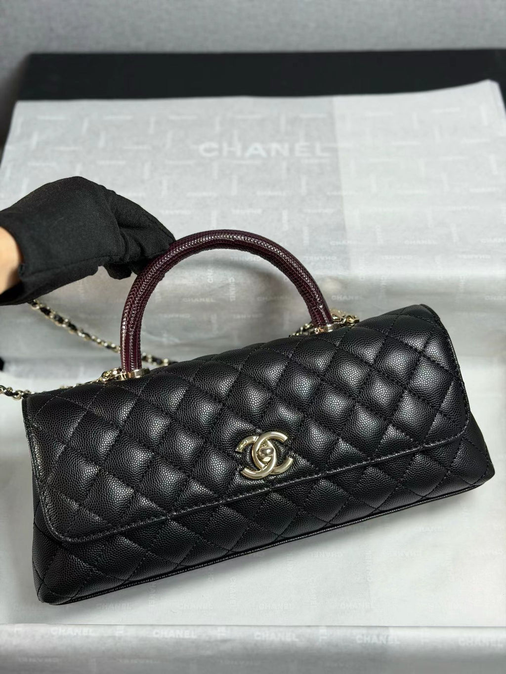 Chanel 26P Coco Handle Black with Burgundy Handle