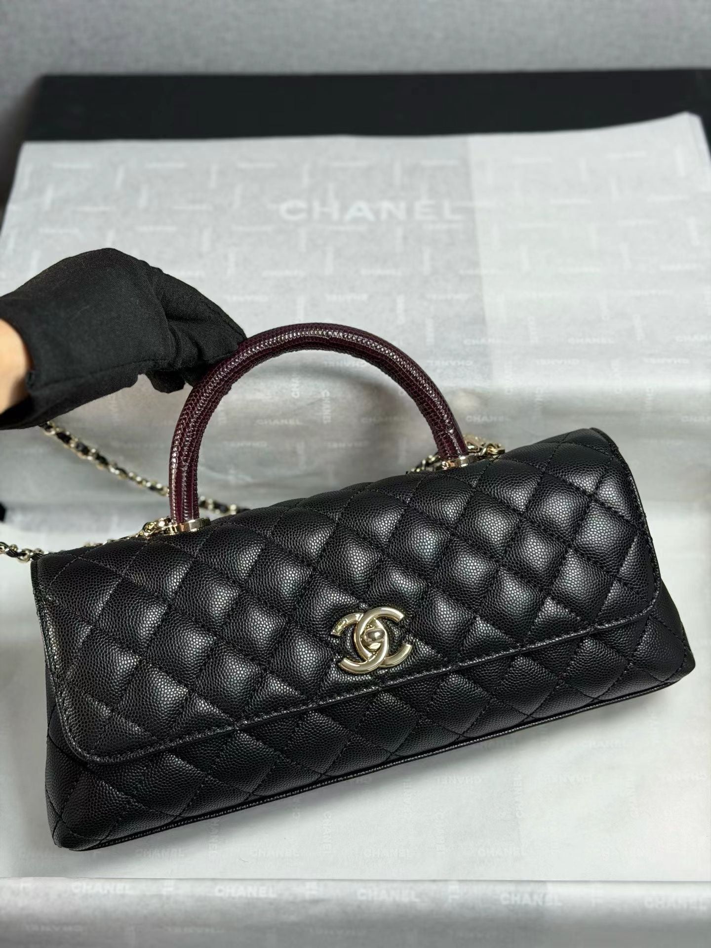 Chanel 26P Coco Handle Black with Burgundy Handle