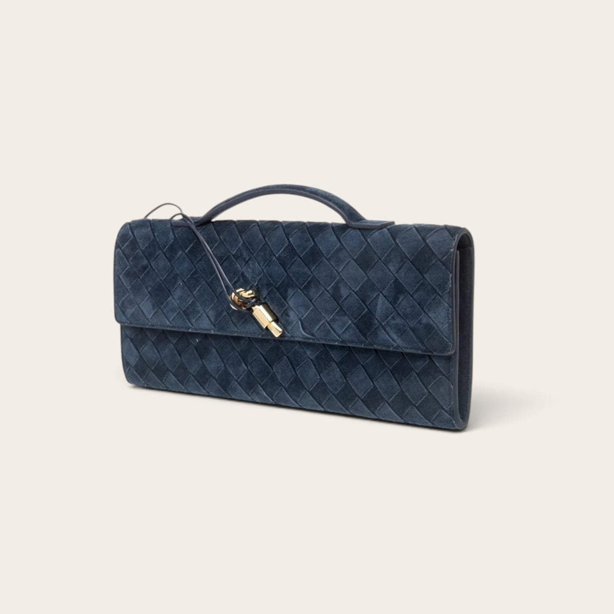 Bottega Veneta Andiamo Clutch navy suede angled view