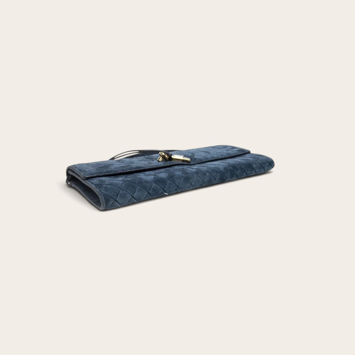 Bottega Veneta Andiamo Clutch navy suede side view