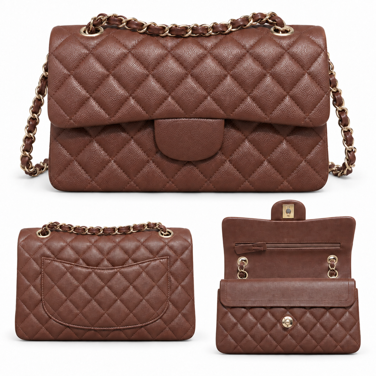 Brown flap handbag with covered logo