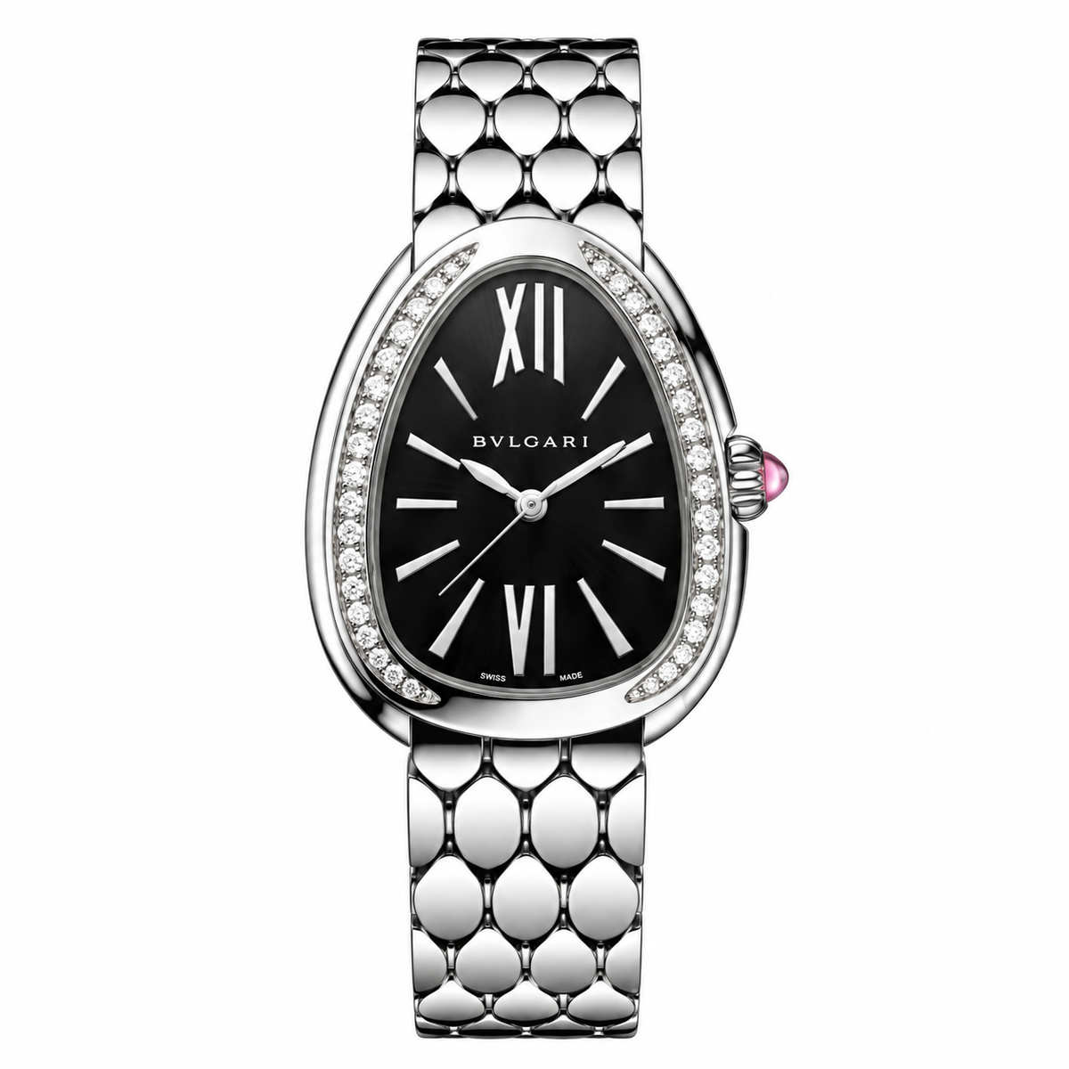 Bvlgari Serpenti Watch – Silver Tone Black Dial on white background