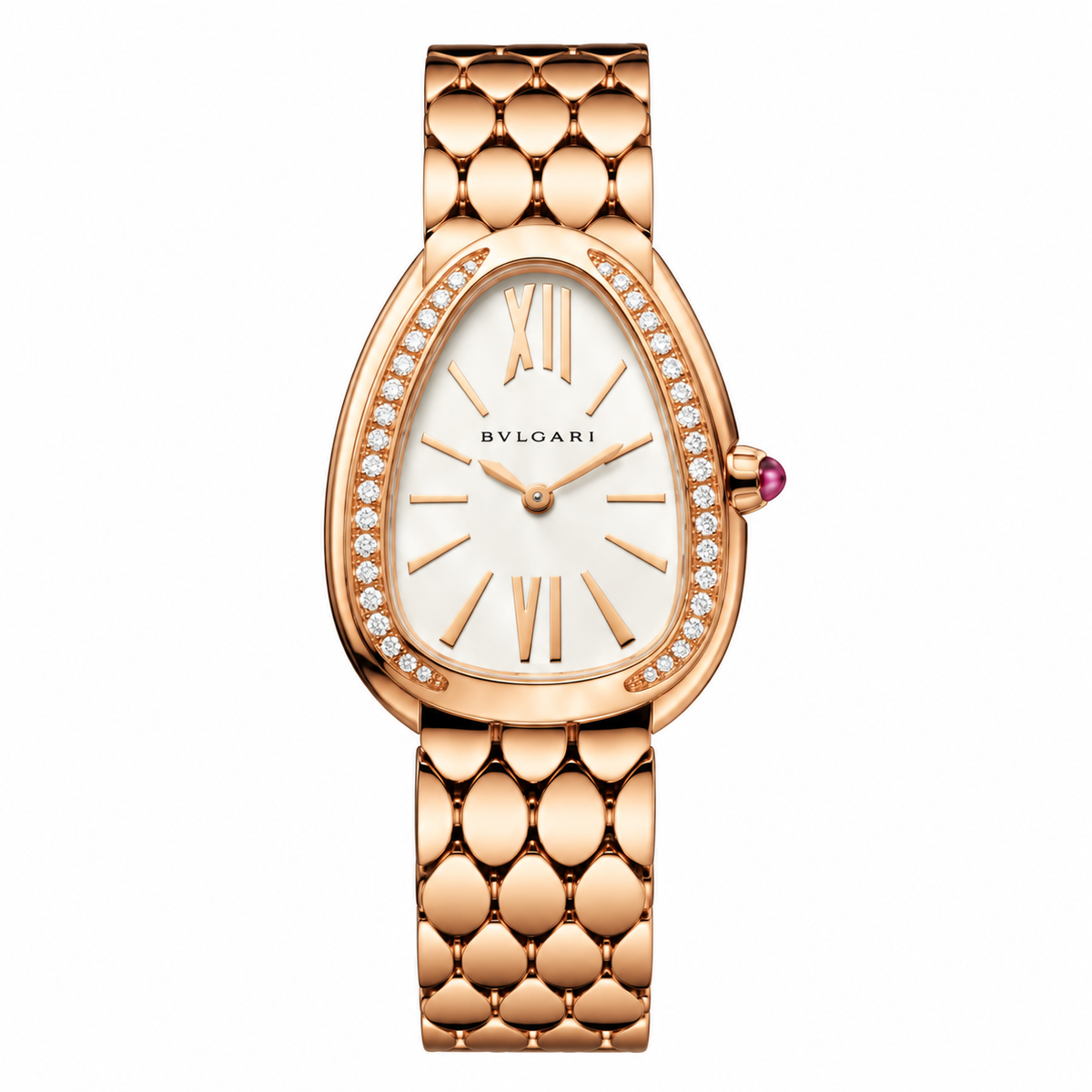 Bvlgari Serpenti Watch – Rose Gold Tone White Dial on white background