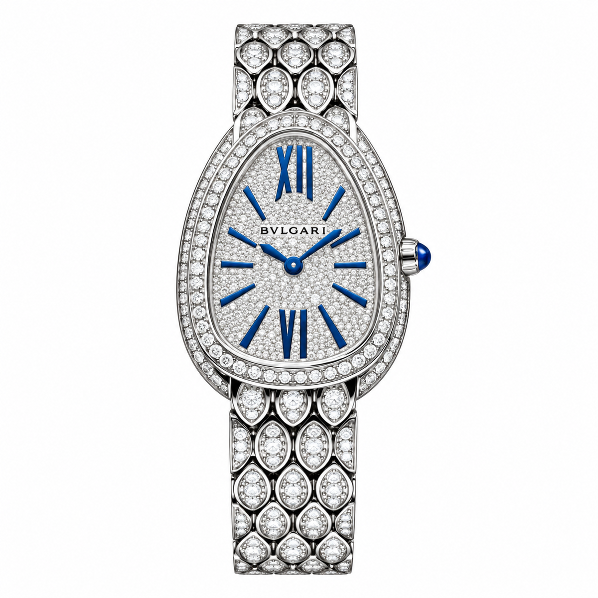 Bvlgari Serpenti Watch – Silver Tone Pavé Style Blue Details on white background