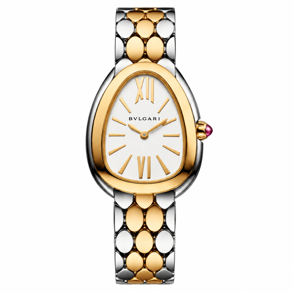 Bvlgari Serpenti Watch – Silver & Gold Tone White Dial on white background