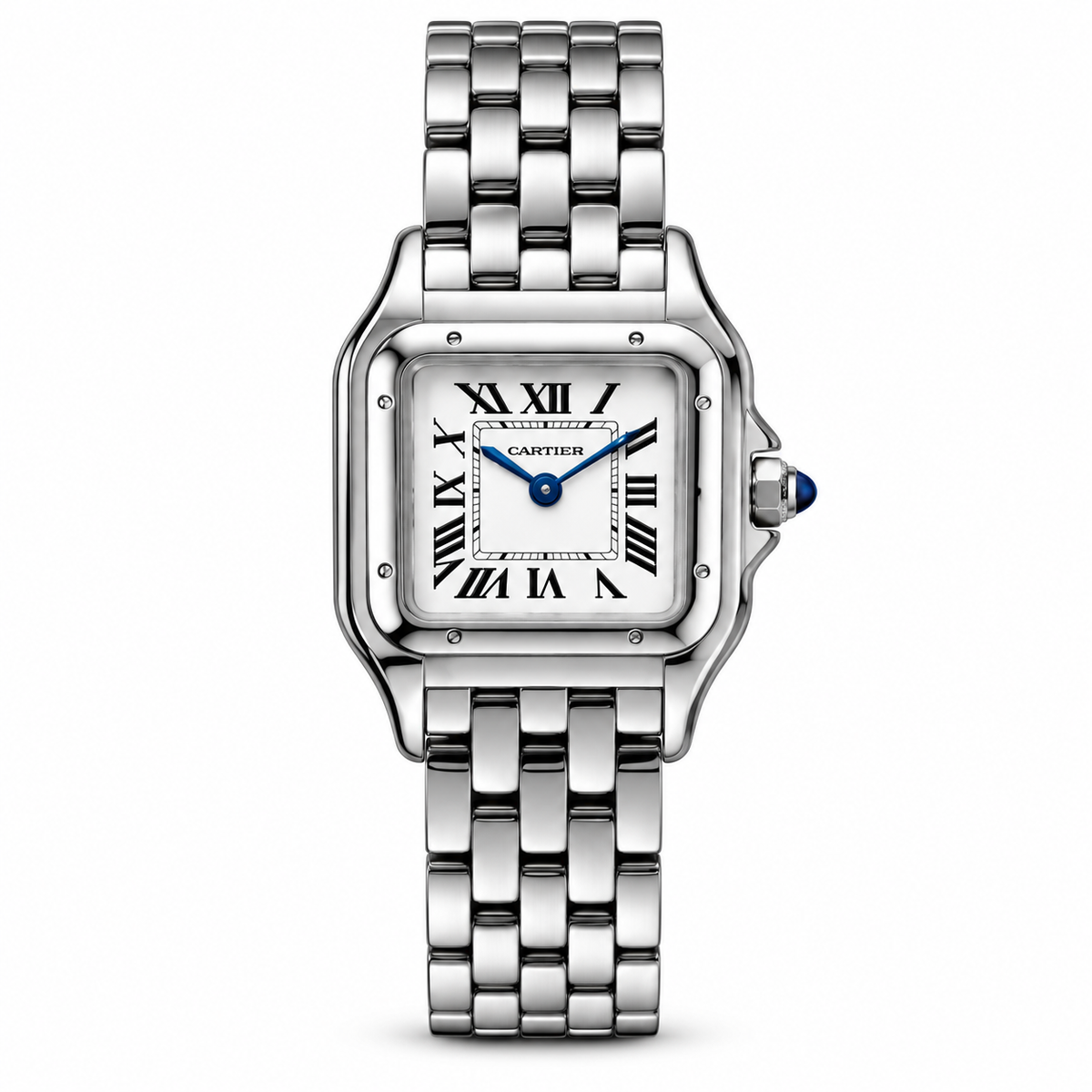 Cartier Panthère silver-tone watch on a white background