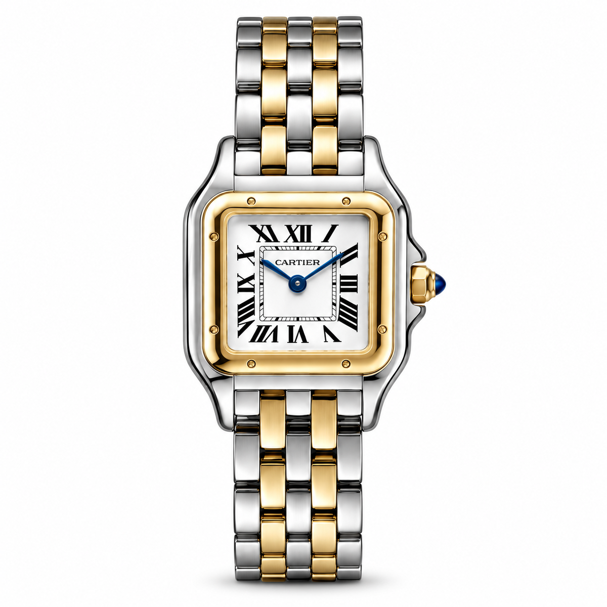 Cartier Panthère silver and gold-tone watch on a white background