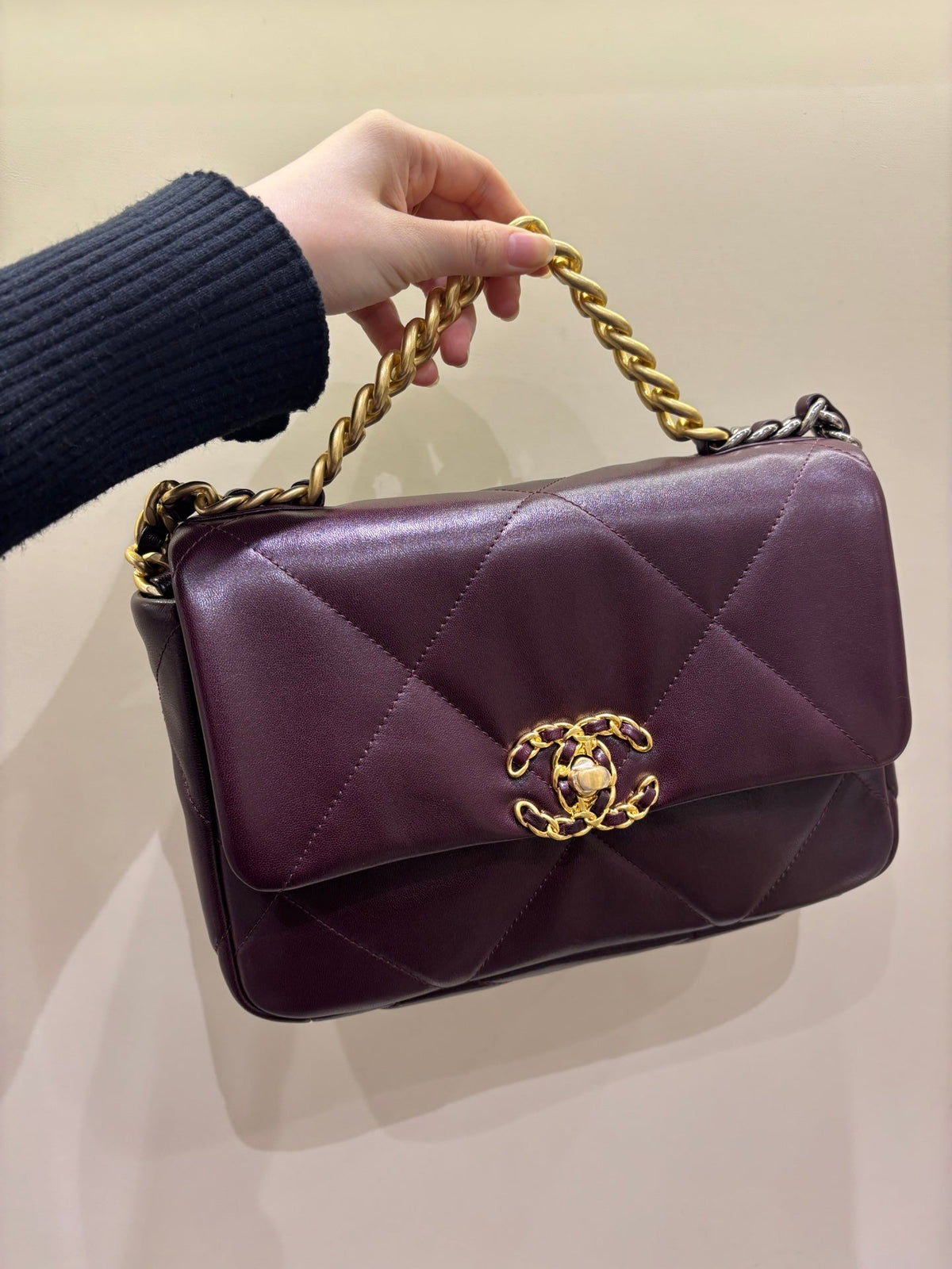 Chanel 19 burgundy flap bag front view