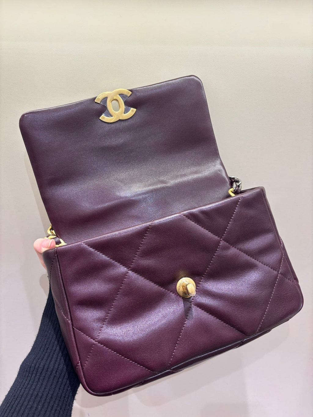 Chanel 19 burgundy flap bag open view