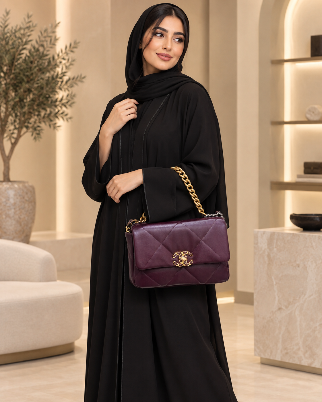موديل تحمل شنطة Chanel 19 العنابية