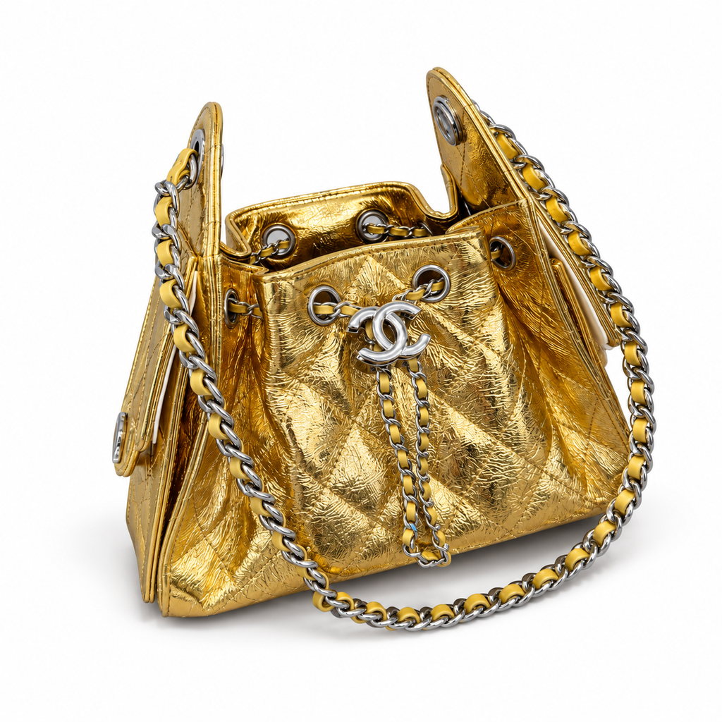 Chanel 25 metallic gold handbag – front angled view