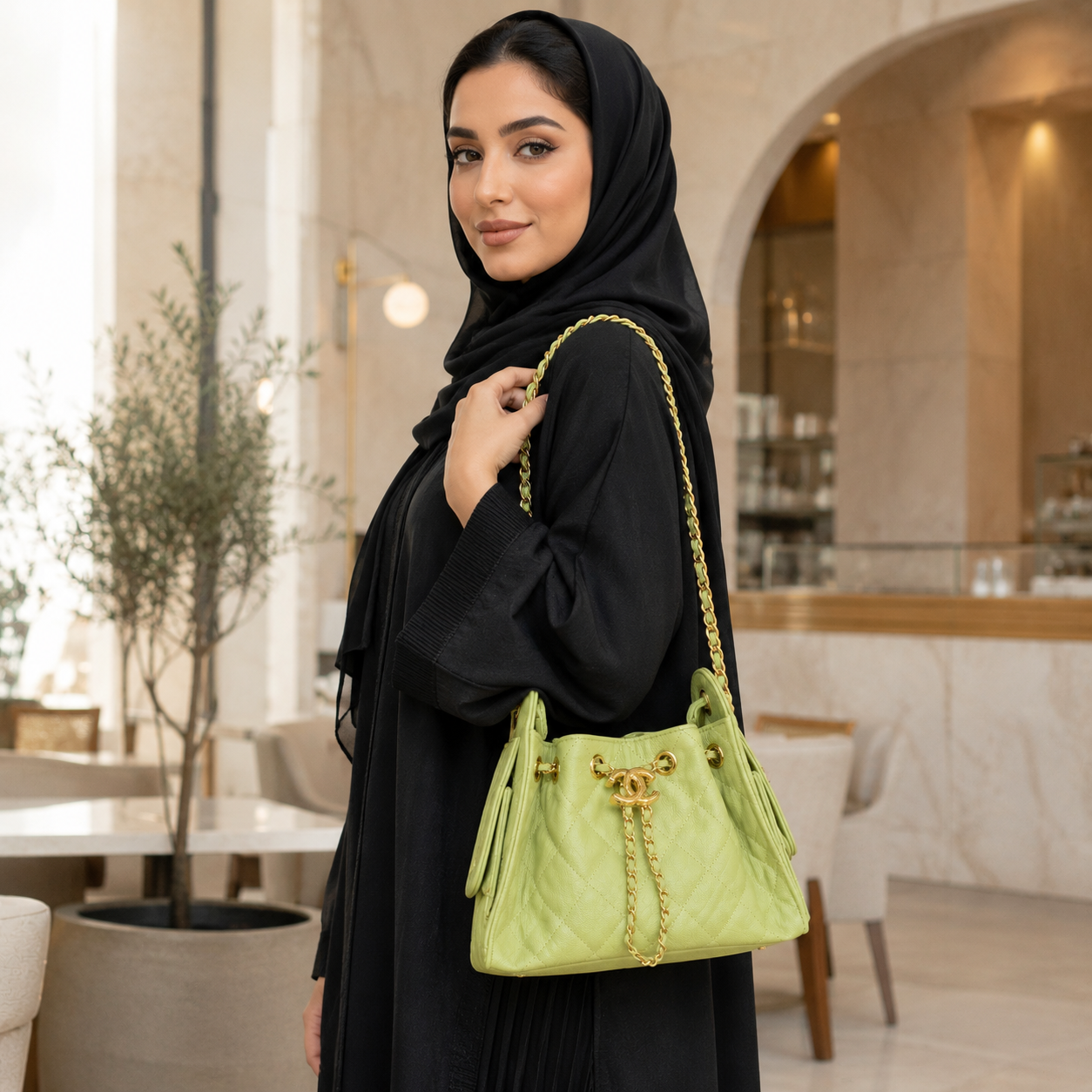مودل خليجية تحمل حقيبة Chanel 25 Mini Hobo باللون الأخضر الفستقي