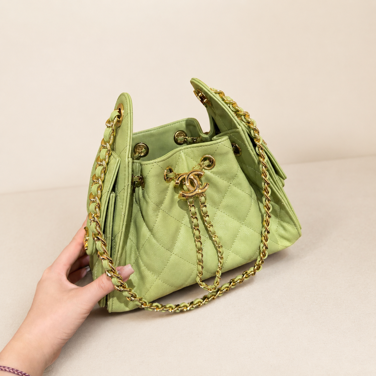 Chanel 25 Mini Hobo pistachio green front view