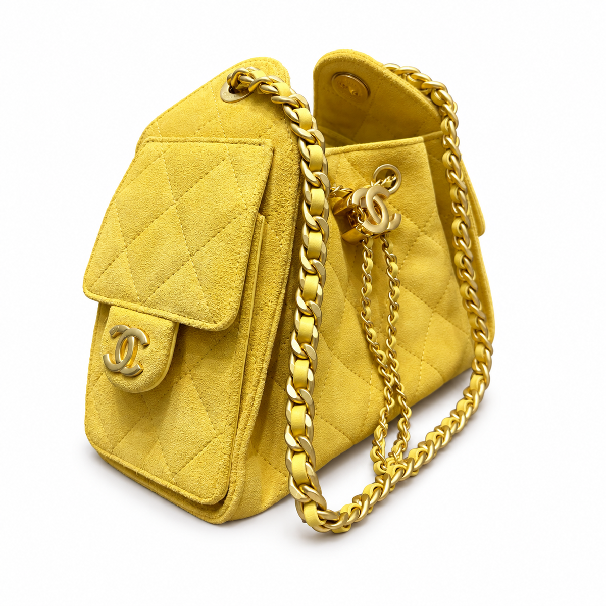 Chanel 25 Mini Lemon Yellow Suede – angled side