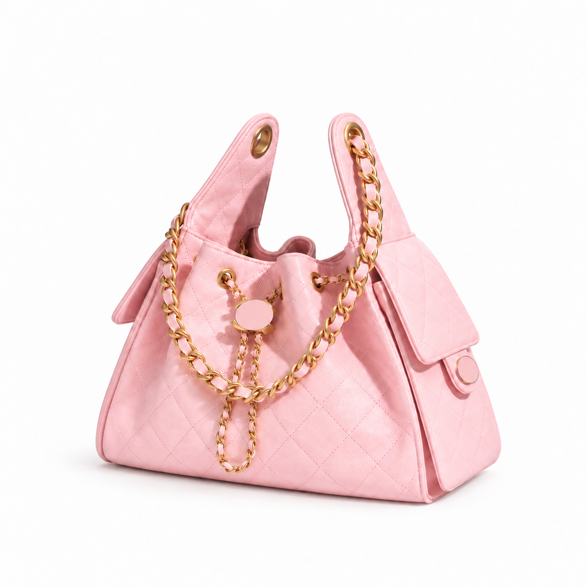 Pink mini handbag with logos covered