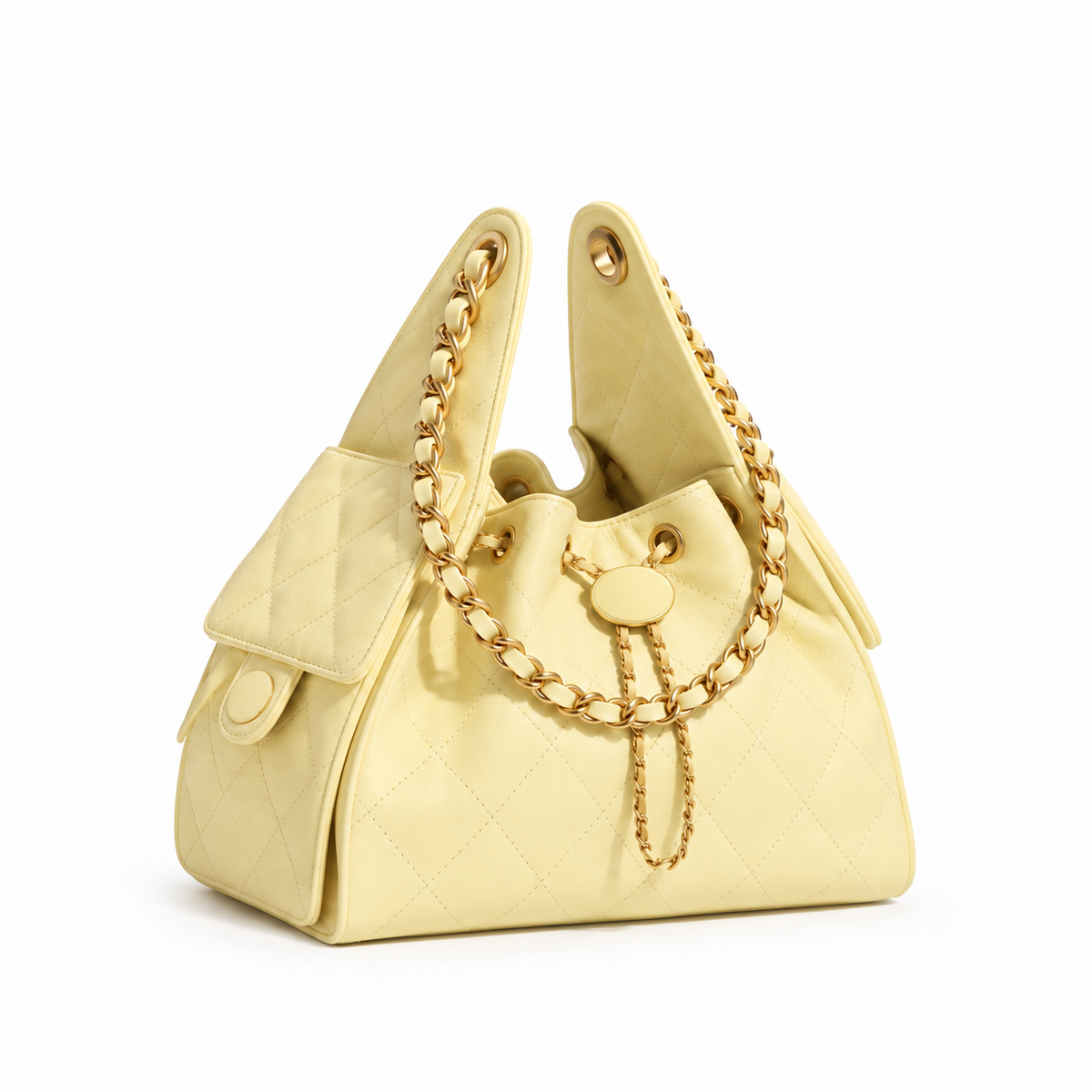 yellow mini handbag with logos covered