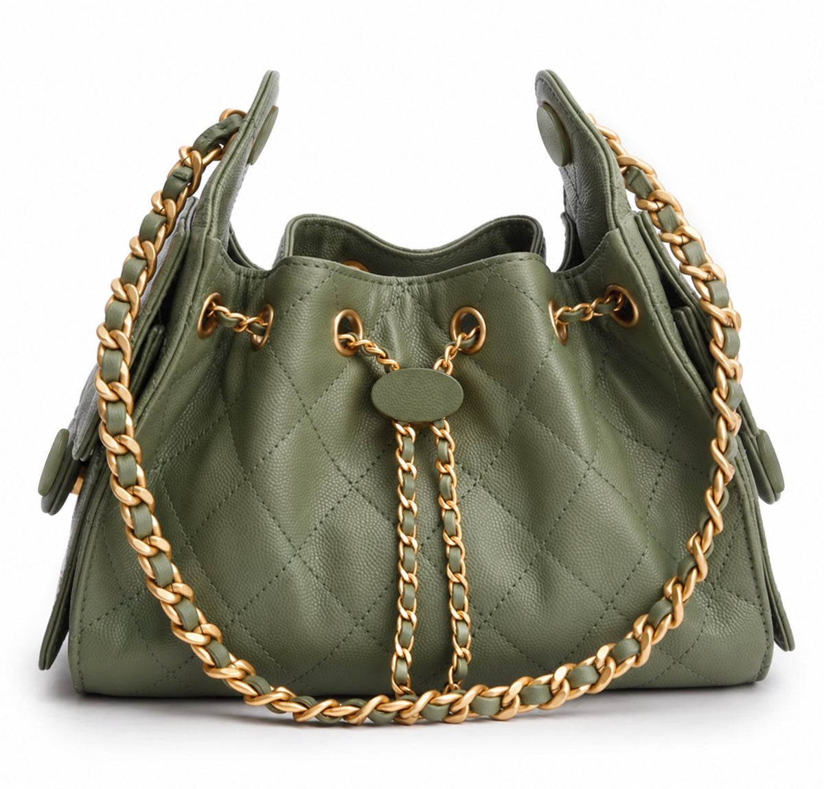 Olive green handbag with branding covered