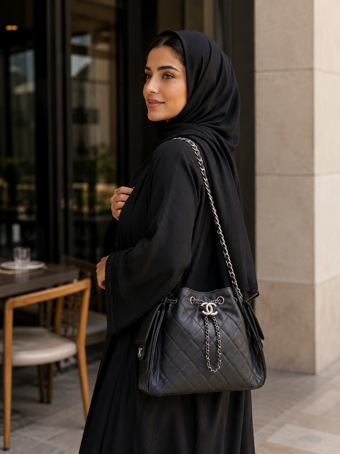 Chanel 26C Mini Drawstring Bag black worn by Gulf woman