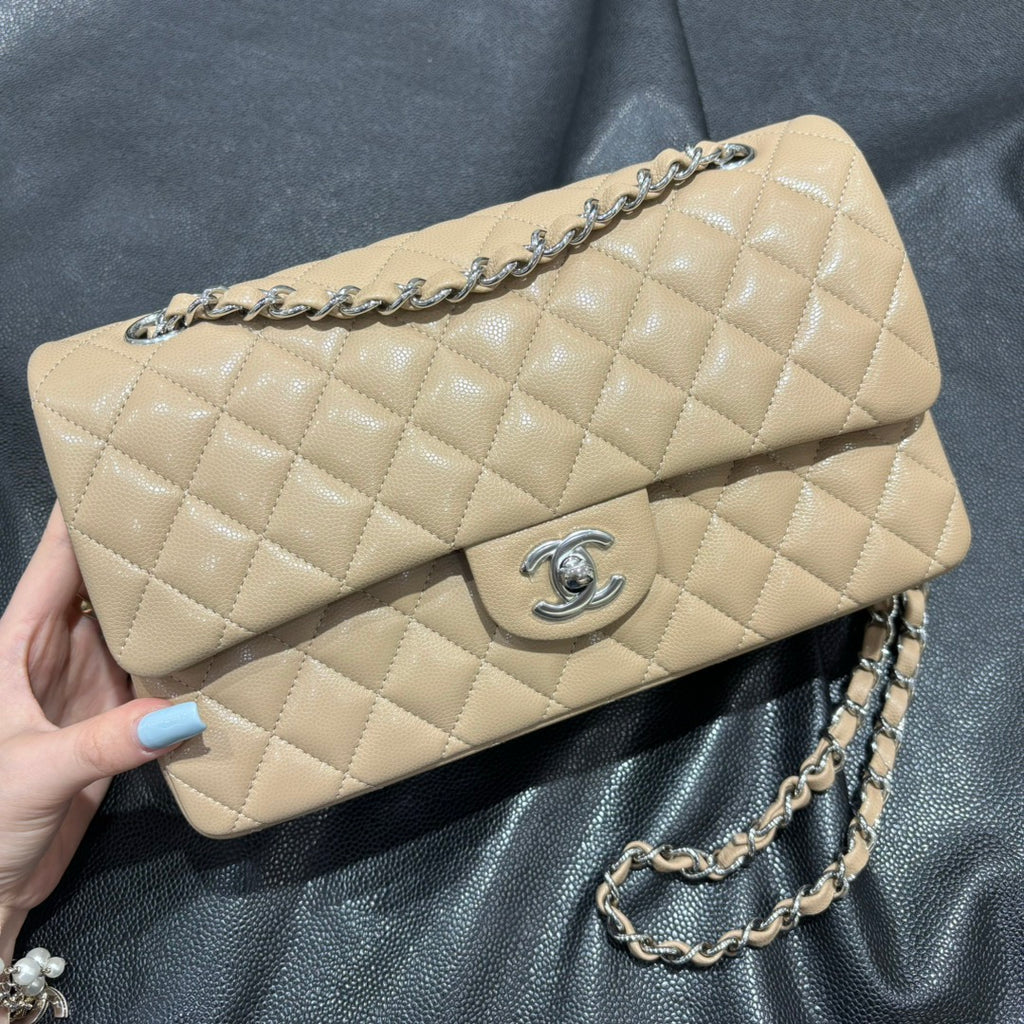 Chanel beige classic flap bag front view