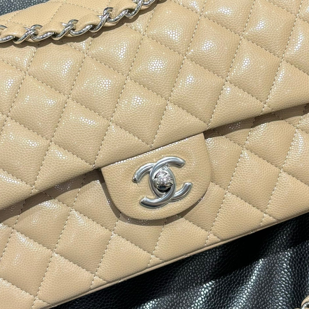 Chanel beige classic flap bag front close-up