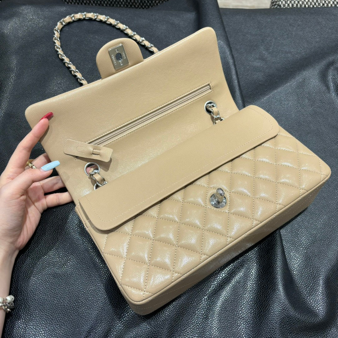Chanel beige classic flap bag open view