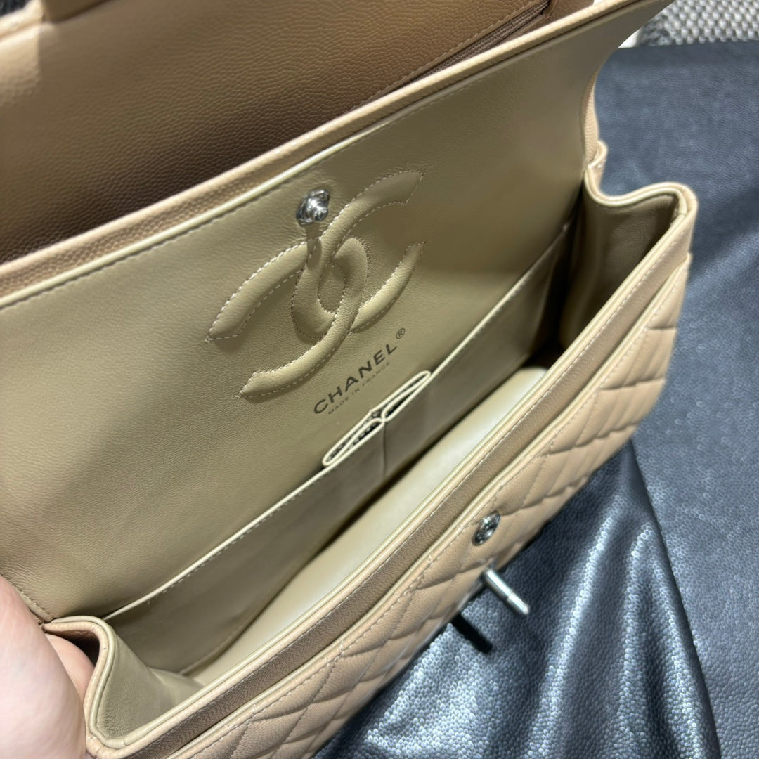 Chanel beige classic flap bag interior view
