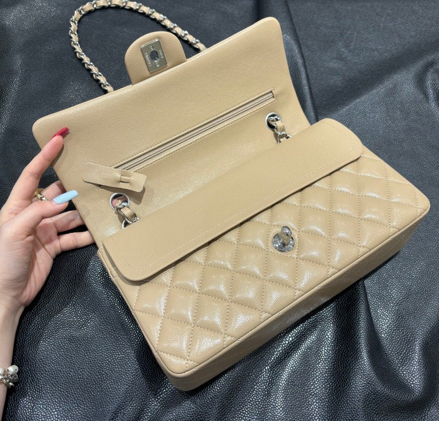 Chanel beige classic flap bag open detail