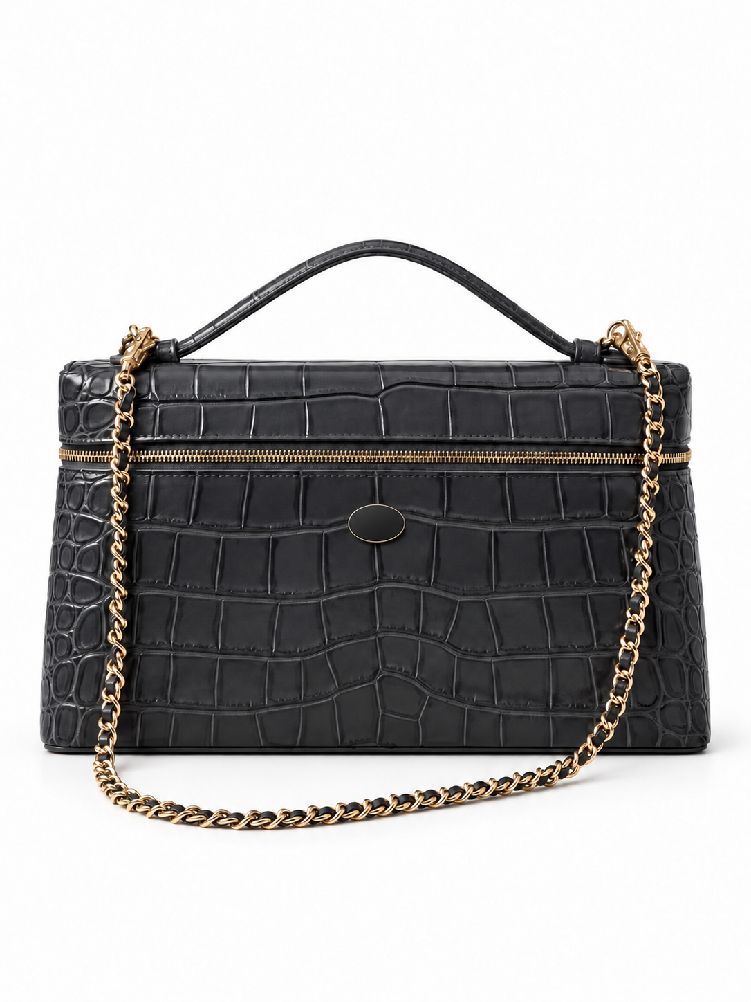 Dark gray vanity bag front with logo covered