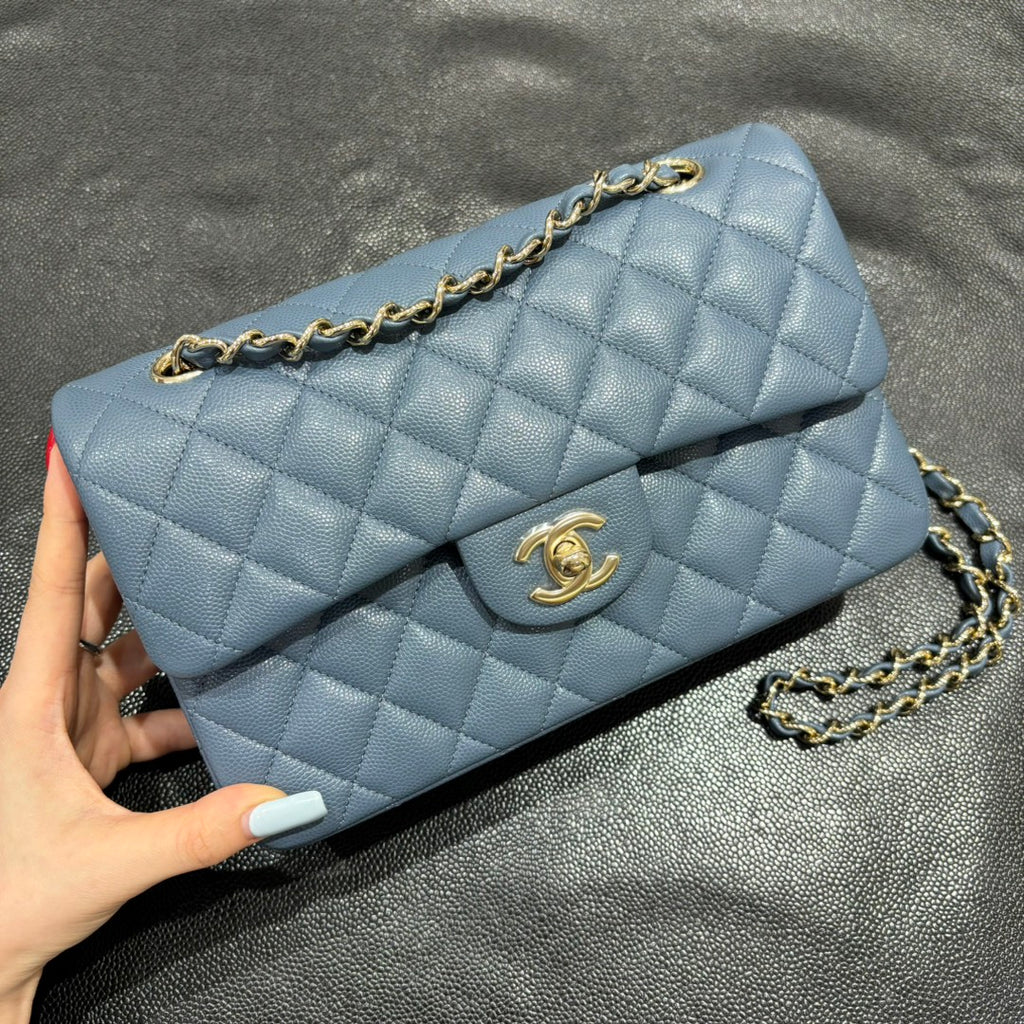 Chanel blue grey classic flap bag front view