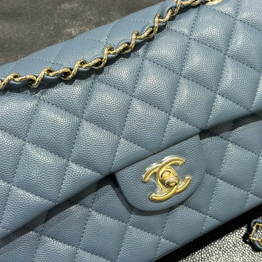Chanel blue grey classic flap bag front close-up
