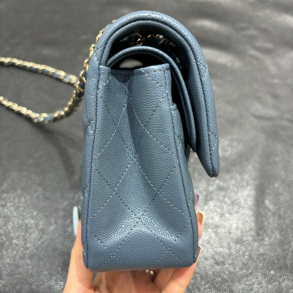 Chanel blue grey classic flap bag side view