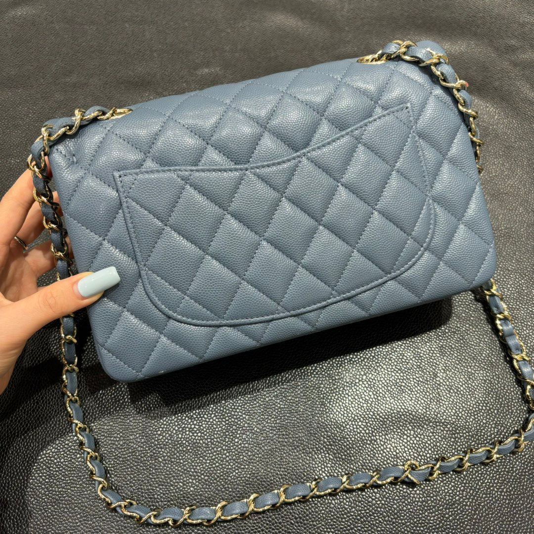 Chanel blue grey classic flap bag back view