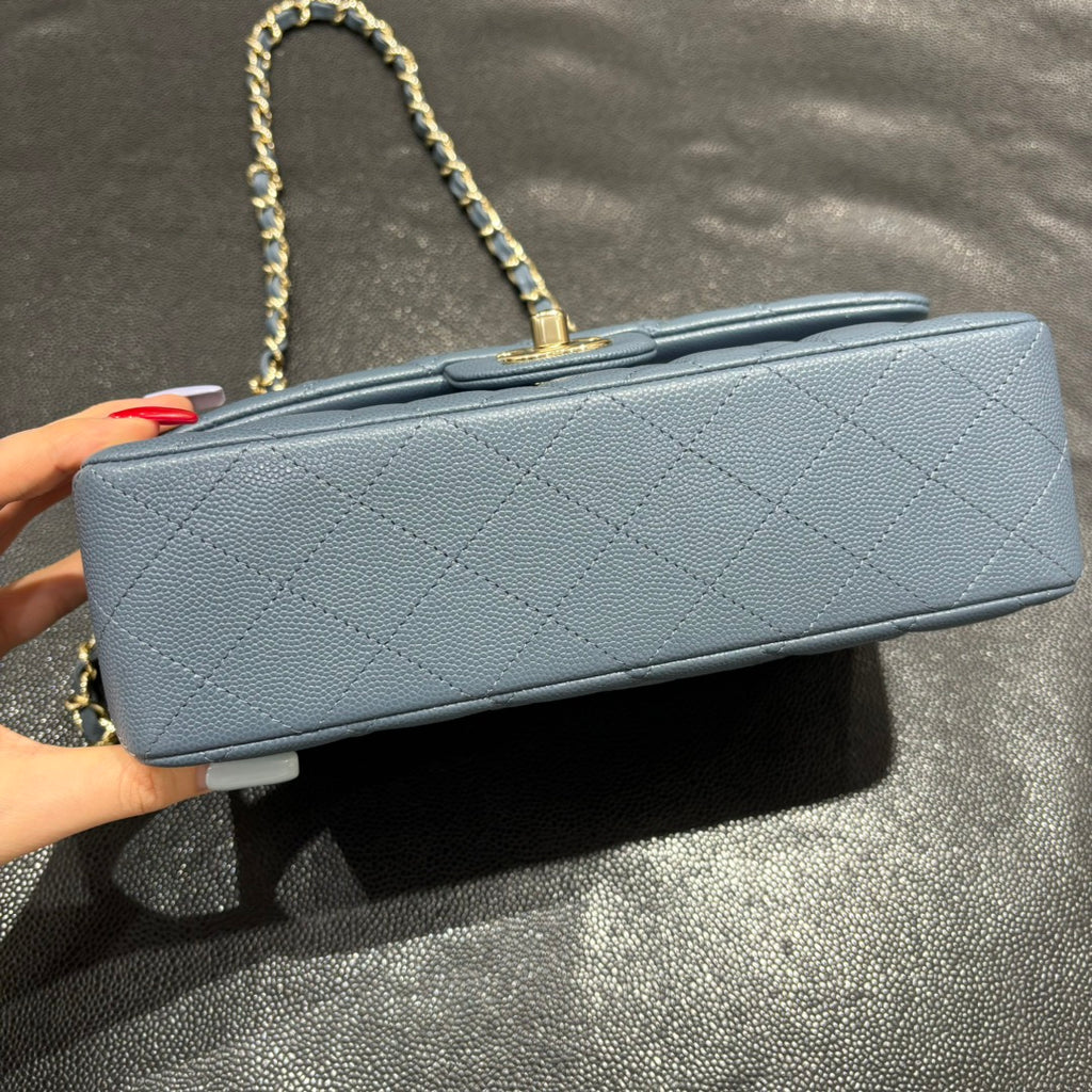 Chanel blue grey classic flap bag base view