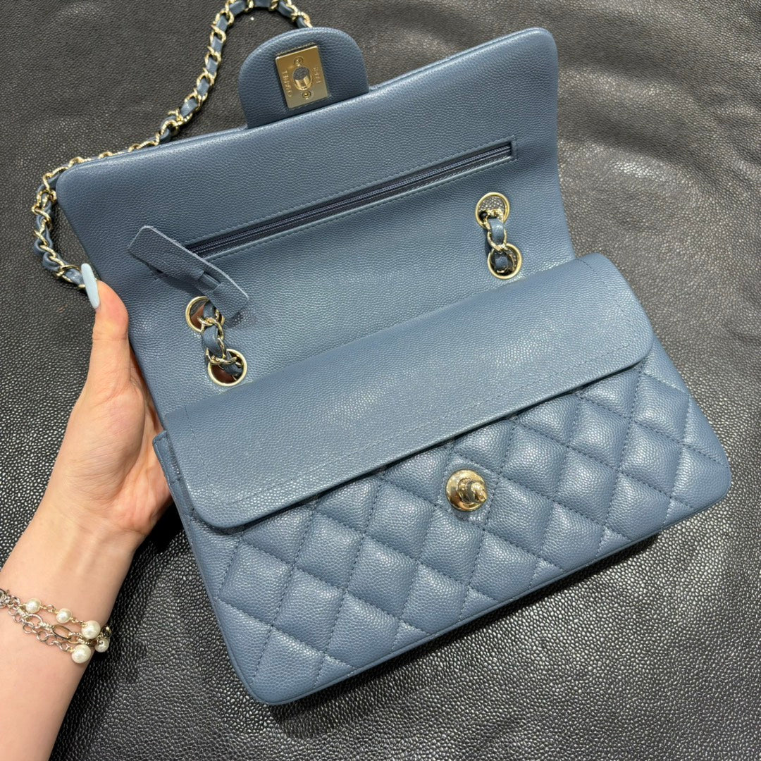Chanel blue grey classic flap bag open view