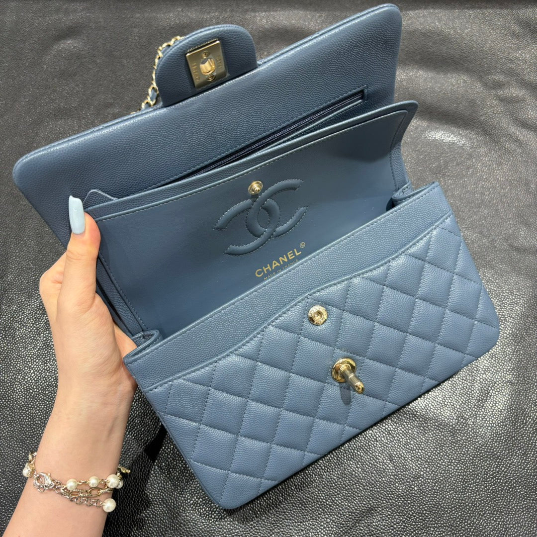 Chanel blue grey classic flap bag interior view