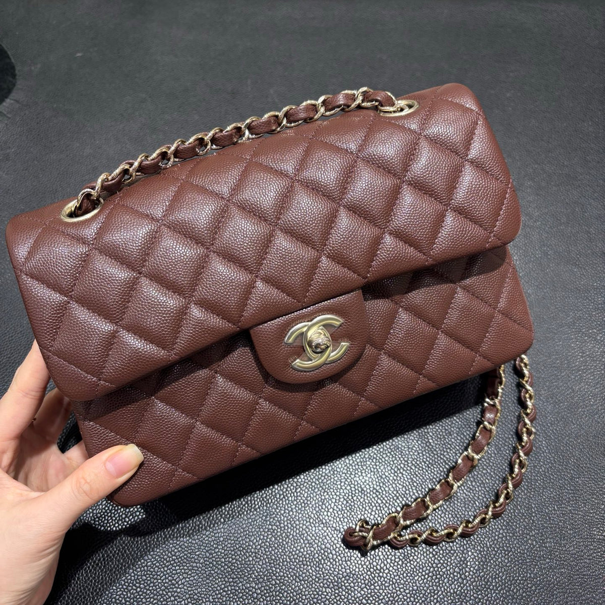 Chanel brown classic flap bag front view