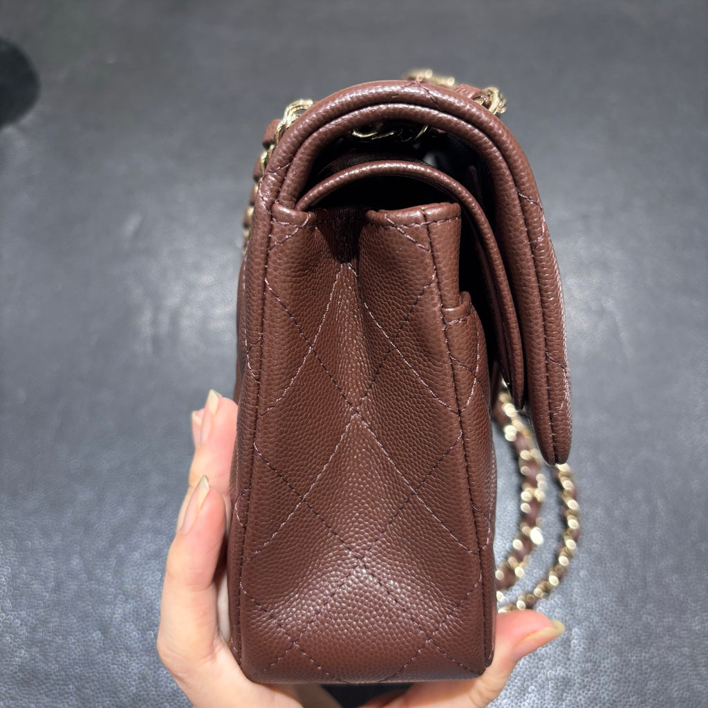 Chanel brown classic flap bag side view