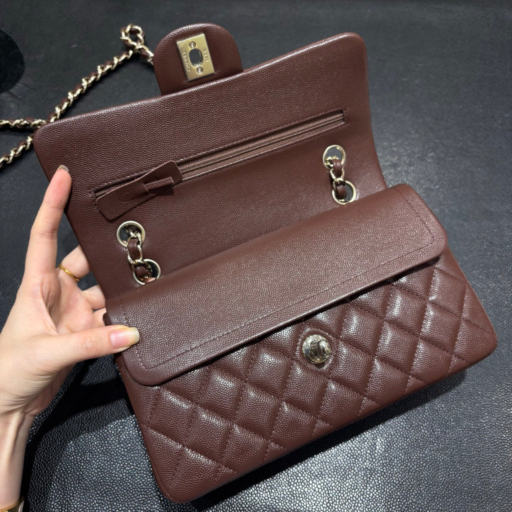 Chanel brown classic flap bag open view
