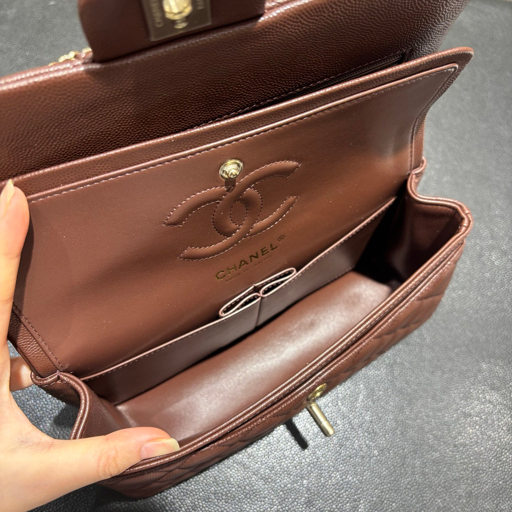 Chanel brown classic flap bag interior view