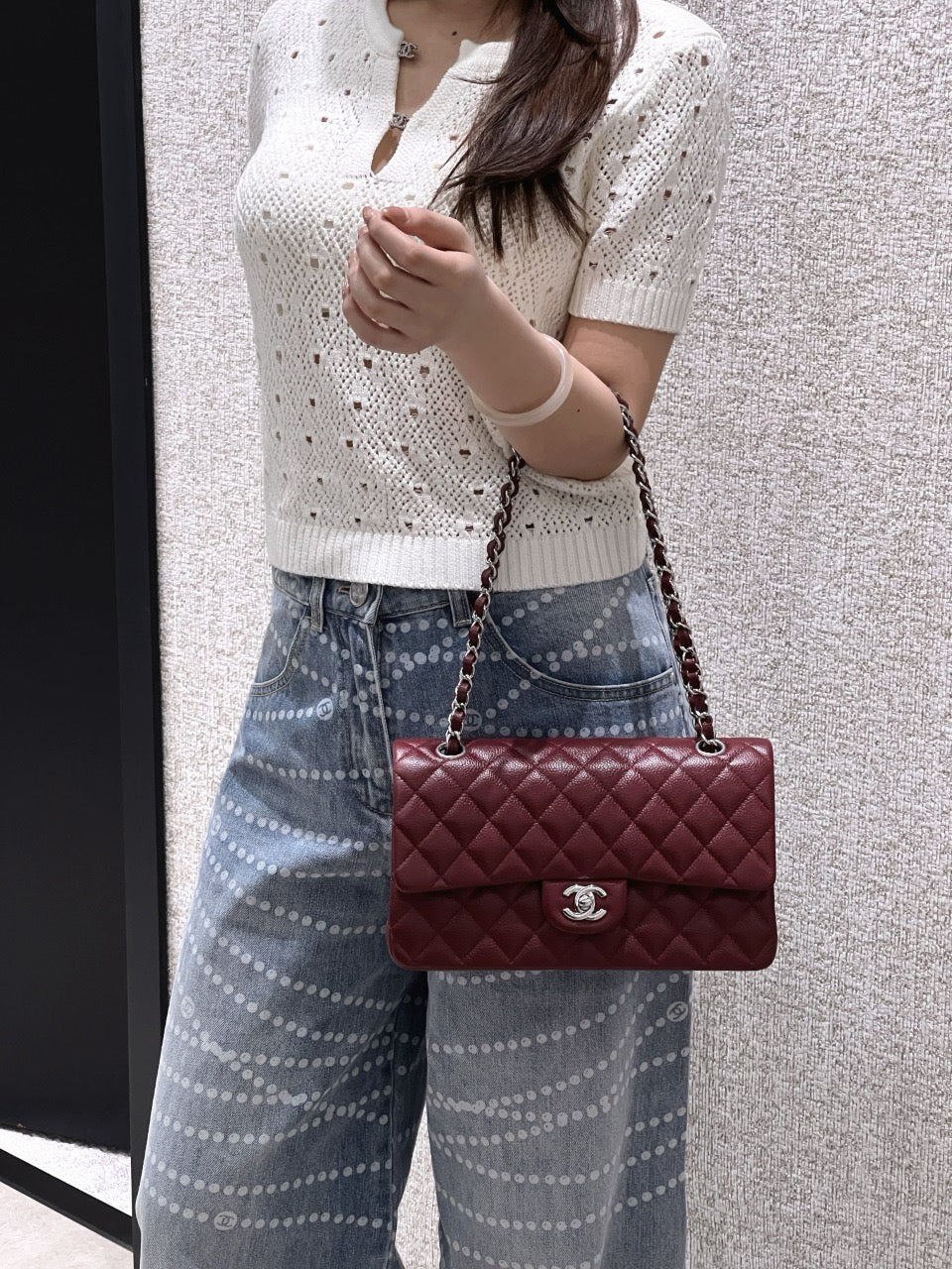 Chanel burgundy classic flap bag view 2