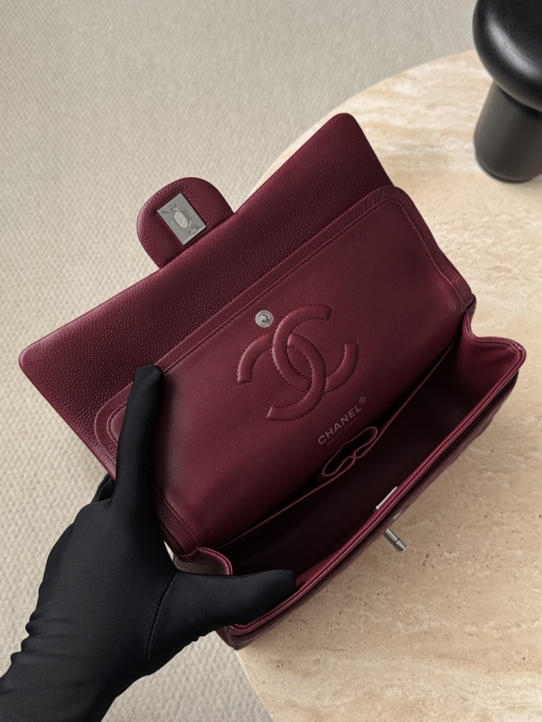 Chanel burgundy classic flap bag view 3