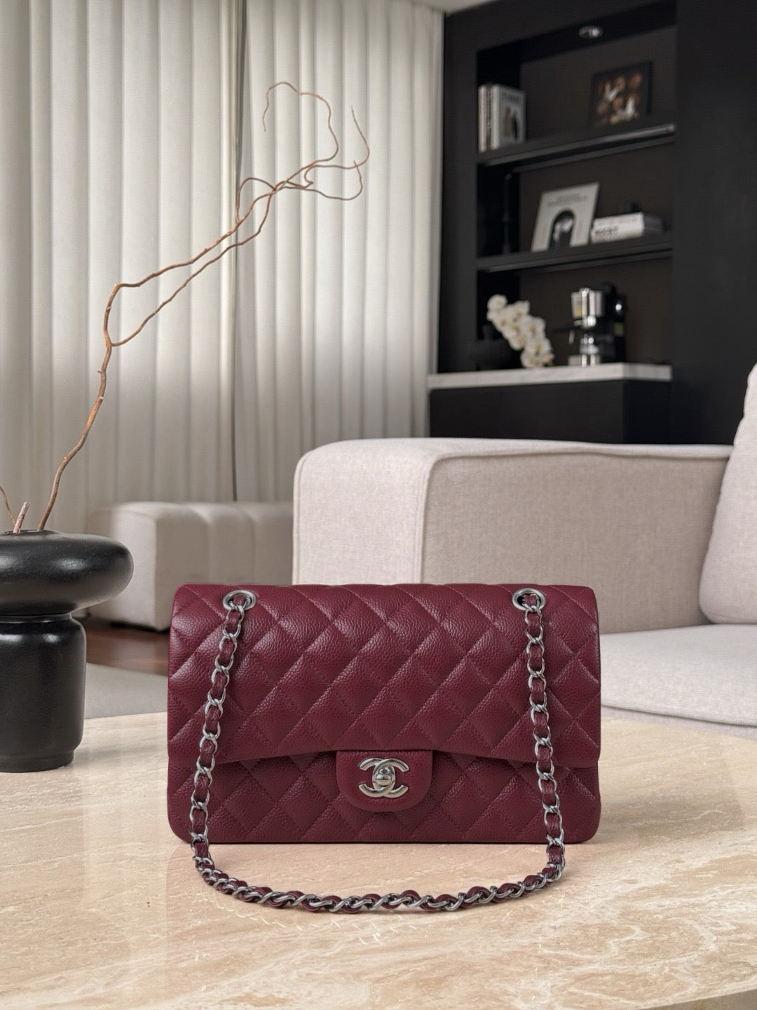 Chanel burgundy classic flap bag view 11