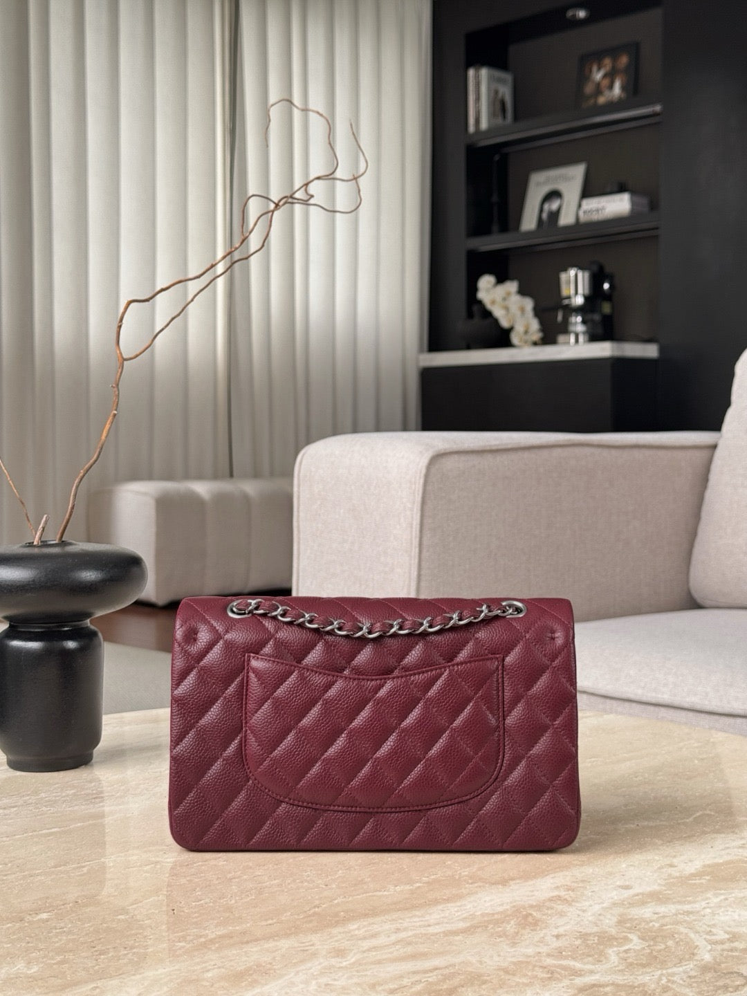 Chanel burgundy classic flap bag view 12
