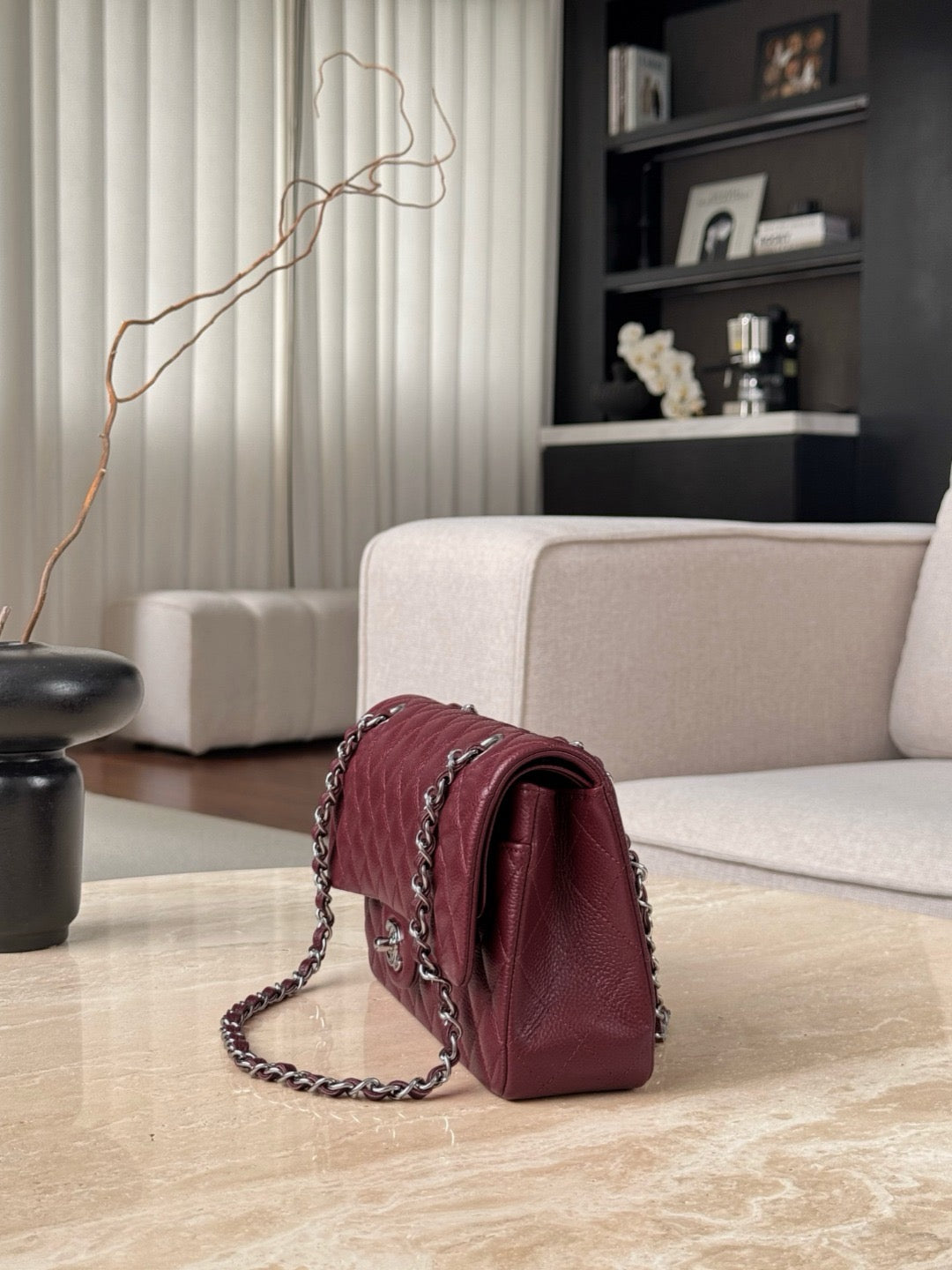 Chanel burgundy classic flap bag view 13