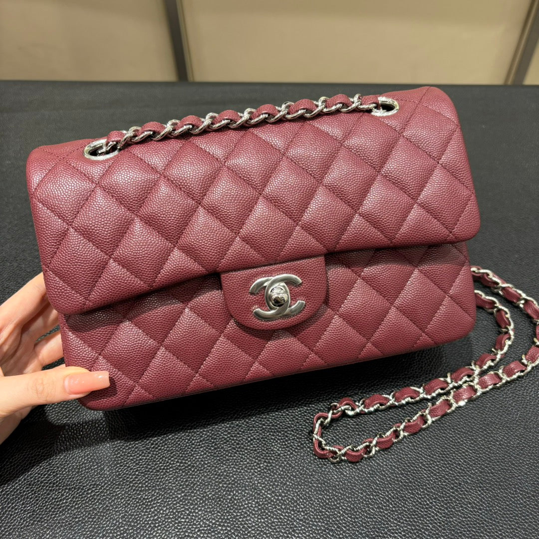 Chanel burgundy classic flap bag front view
