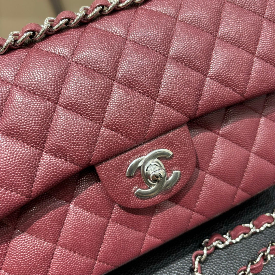 Chanel burgundy classic flap bag front close-up