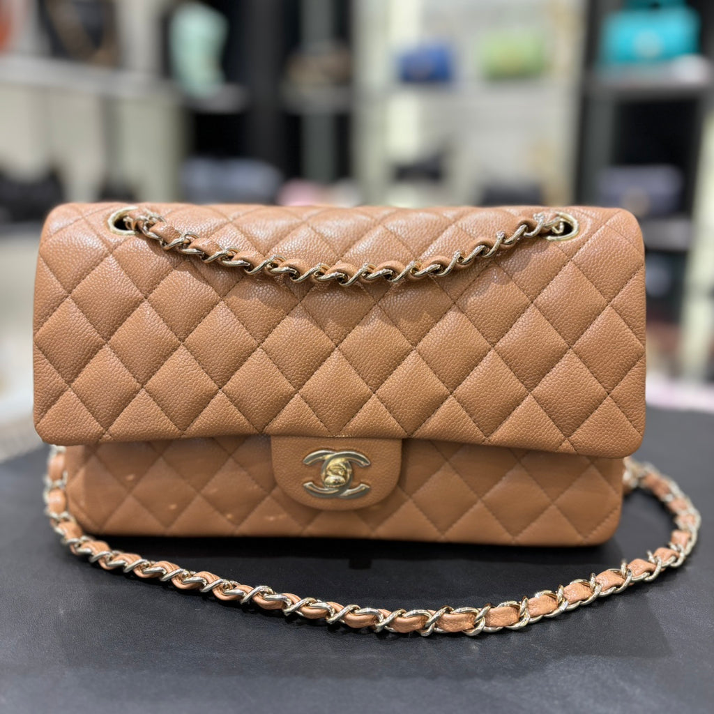 Chanel camel classic flap bag front view